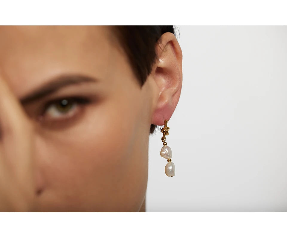 18K Gold-Plated Stainless Steel with Natural Pearls  Drop Earrings