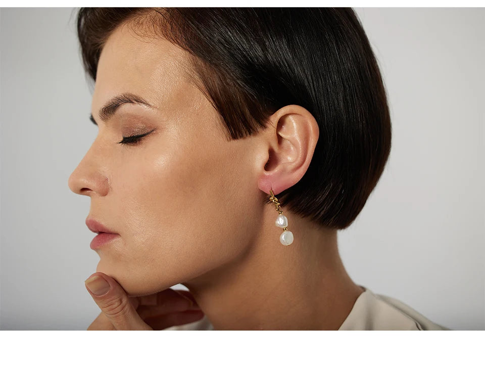 18K Gold-Plated Stainless Steel with Natural Pearls  Drop Earrings