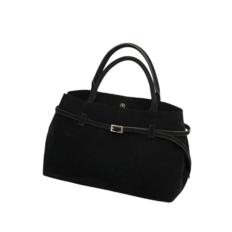 Suede Tote Bag with Leather Strap and Belt Detail with Silver-tone Hardware
