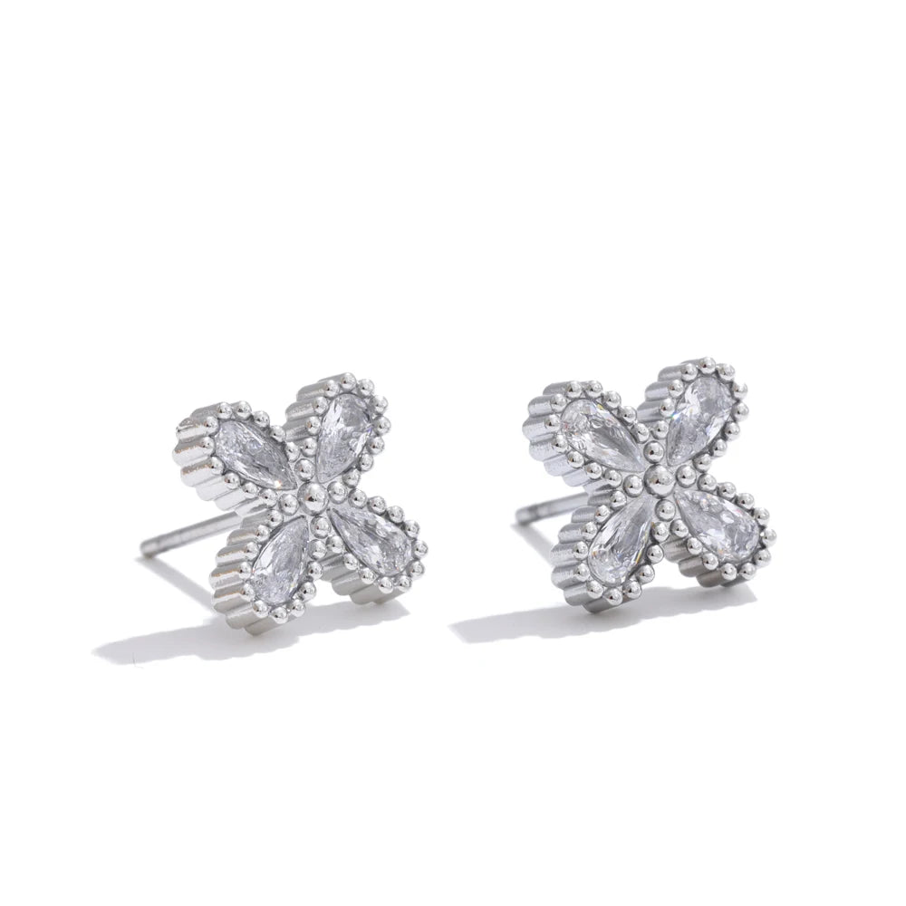 Gold  Flower Earrings with Cubic Zirconia, Stainless Steel