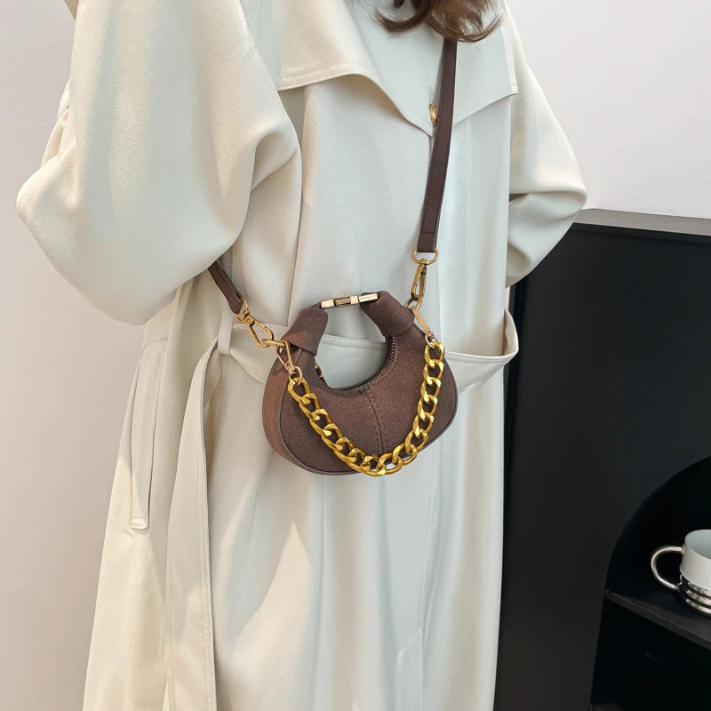 Leather Shoulder Bag with Gold Chain Strap and Adjustable Shoulder Strap