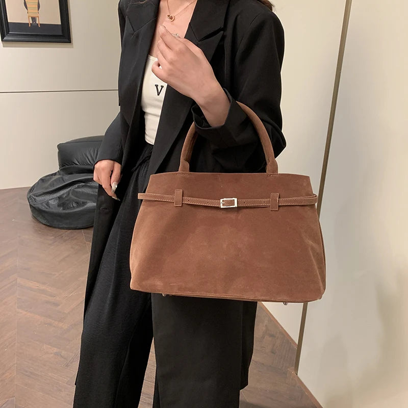 Suede Tote Bag with Leather Strap and Belt Detail with Silver-tone Hardware