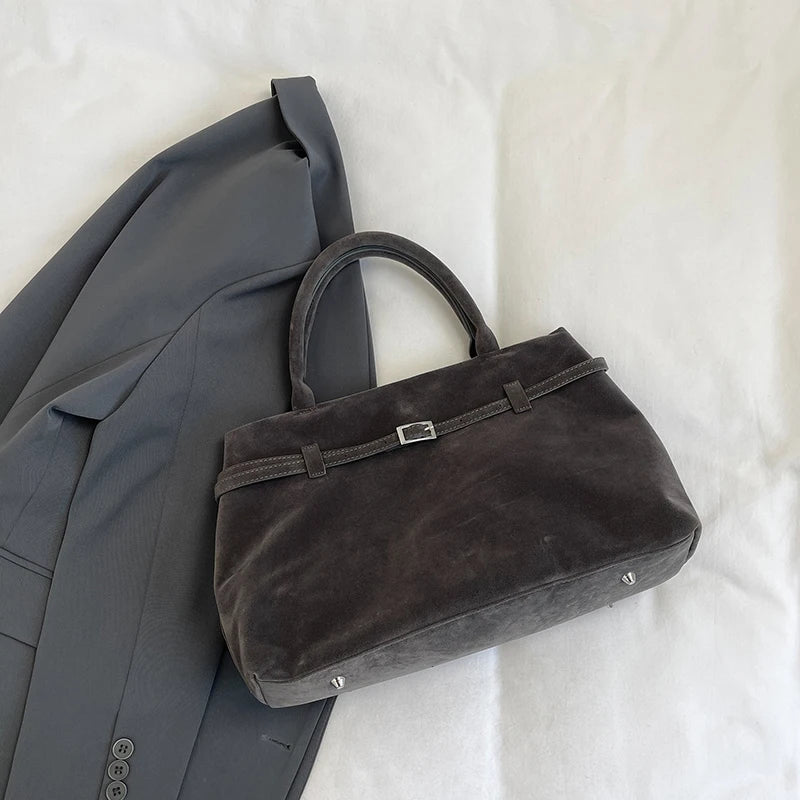 Suede Tote Bag with Leather Strap and Belt Detail with Silver-tone Hardware