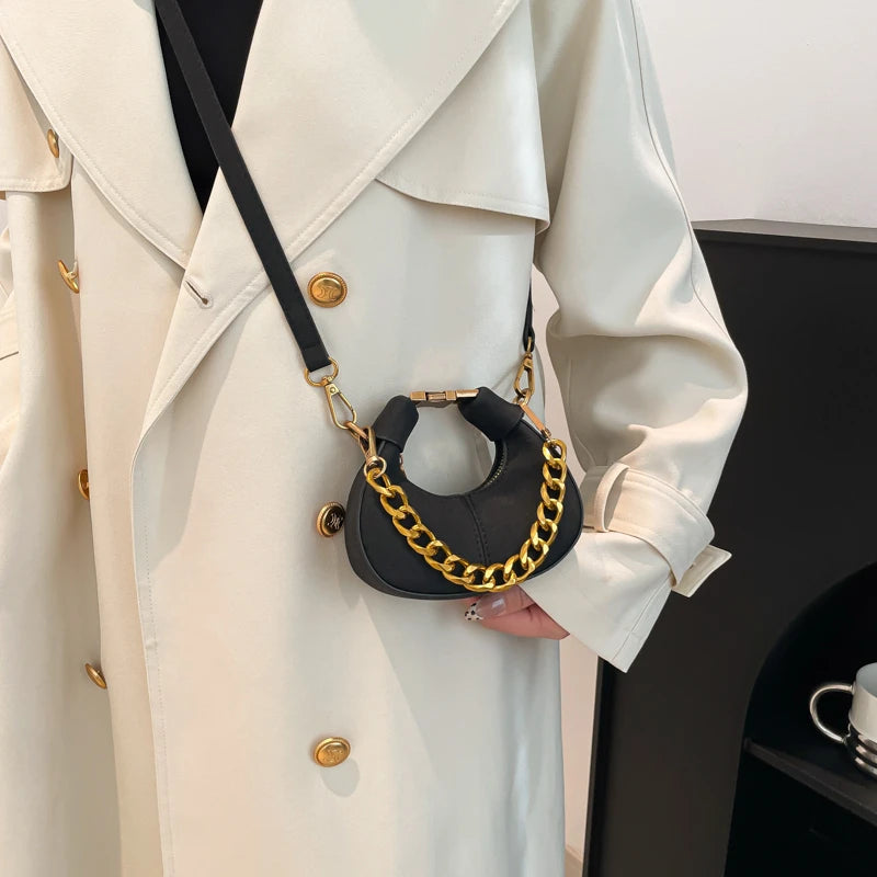 Leather Shoulder Bag with Gold Chain Strap and Adjustable Shoulder Strap