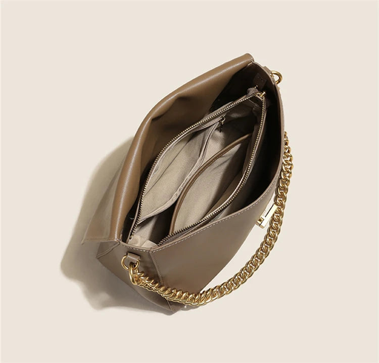 Brown Genuine Leather Shoulder Bag with Gold Chain Strap and Magnetic Closure
