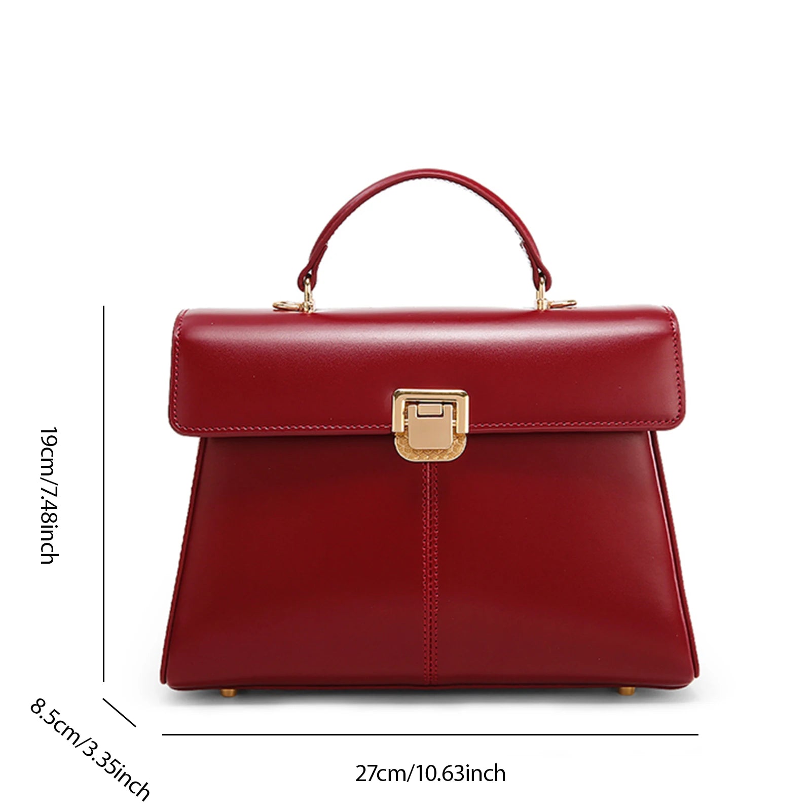 Genuine Leather Handbag with Gold Lock and Adjustable Strap