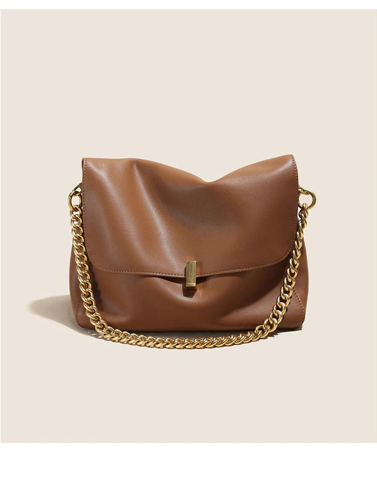 Brown Genuine Leather Shoulder Bag with Gold Chain Strap and Magnetic Closure
