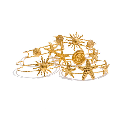 18K Gold Plated Stainless Steel Beach-Themed Adjustable Cuff Bracelets - Set of 5