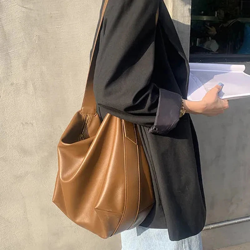 Leather Hobo Bag with Zipper and Gold Accents