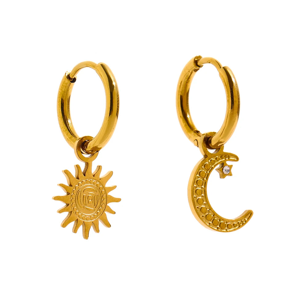 18K Gold-Plated Stainless Steel Sun and Moon Hoop Earrings