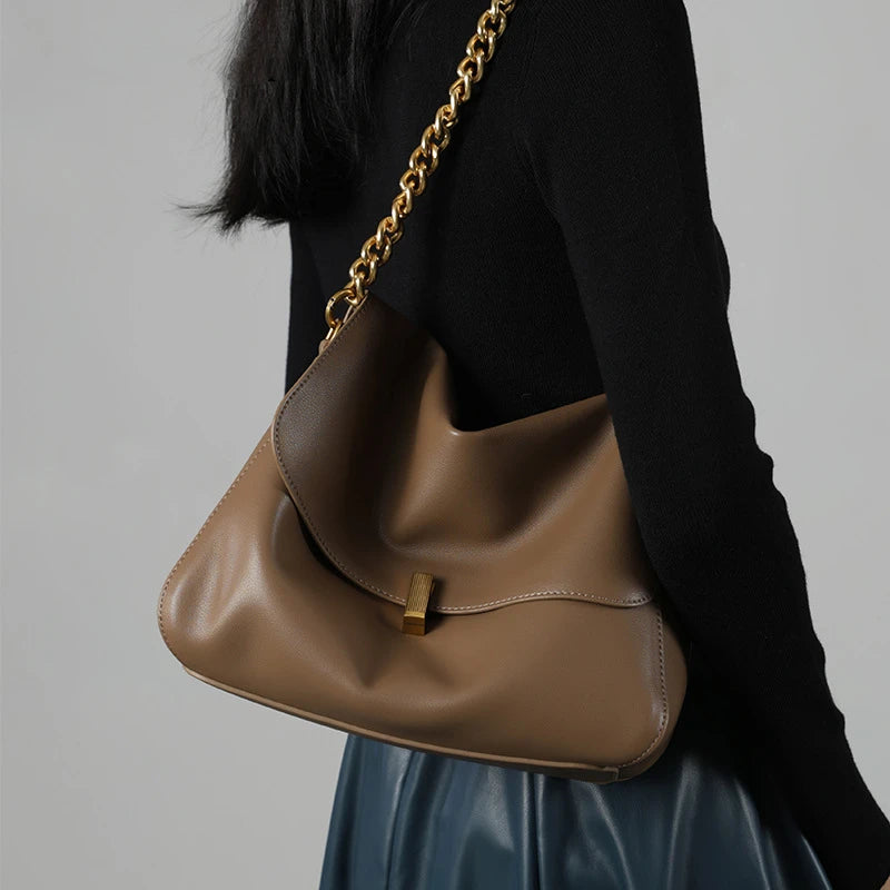 Brown Genuine Leather Shoulder Bag with Gold Chain Strap and Magnetic Closure