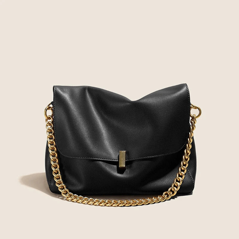 Brown Genuine Leather Shoulder Bag with Gold Chain Strap and Magnetic Closure