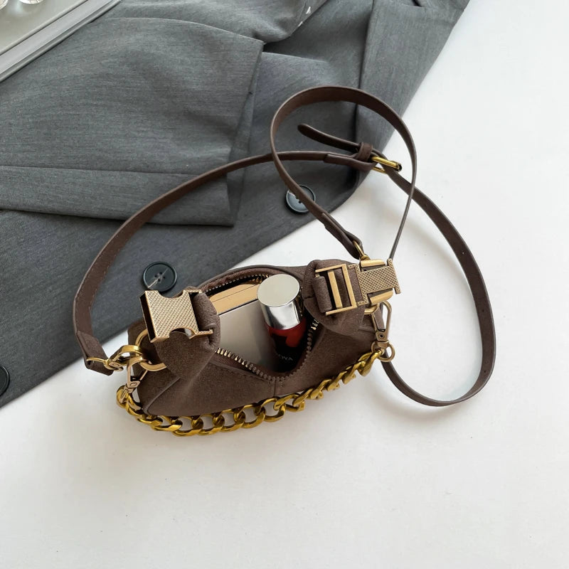Leather Shoulder Bag with Gold Chain Strap and Adjustable Shoulder Strap