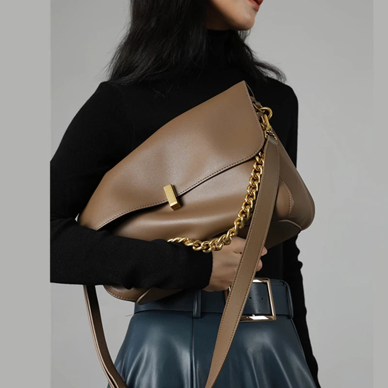 Brown Genuine Leather Shoulder Bag with Gold Chain Strap and Magnetic Closure