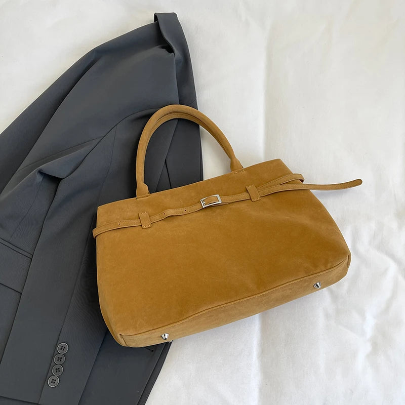 Suede Tote Bag with Leather Strap and Belt Detail with Silver-tone Hardware