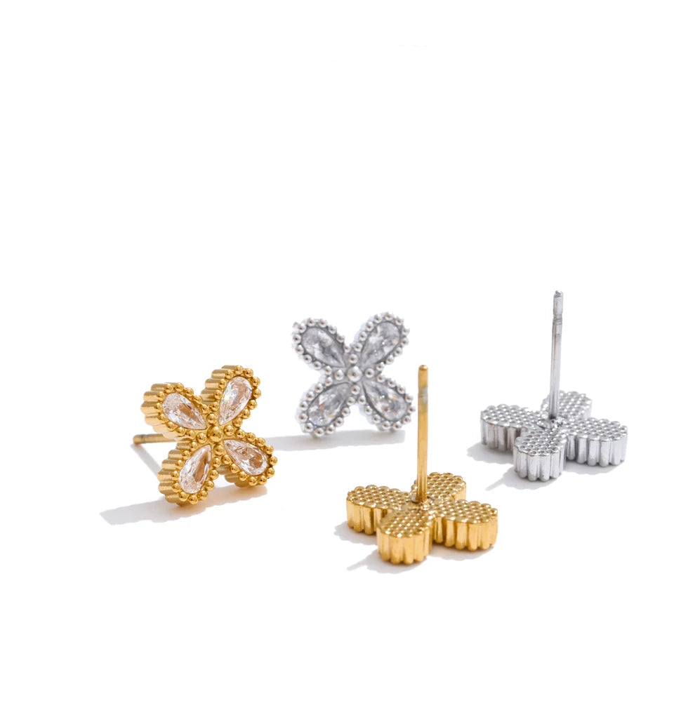 Gold  Flower Earrings with Cubic Zirconia, Stainless Steel