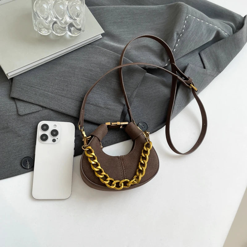 Leather Shoulder Bag with Gold Chain Strap and Adjustable Shoulder Strap