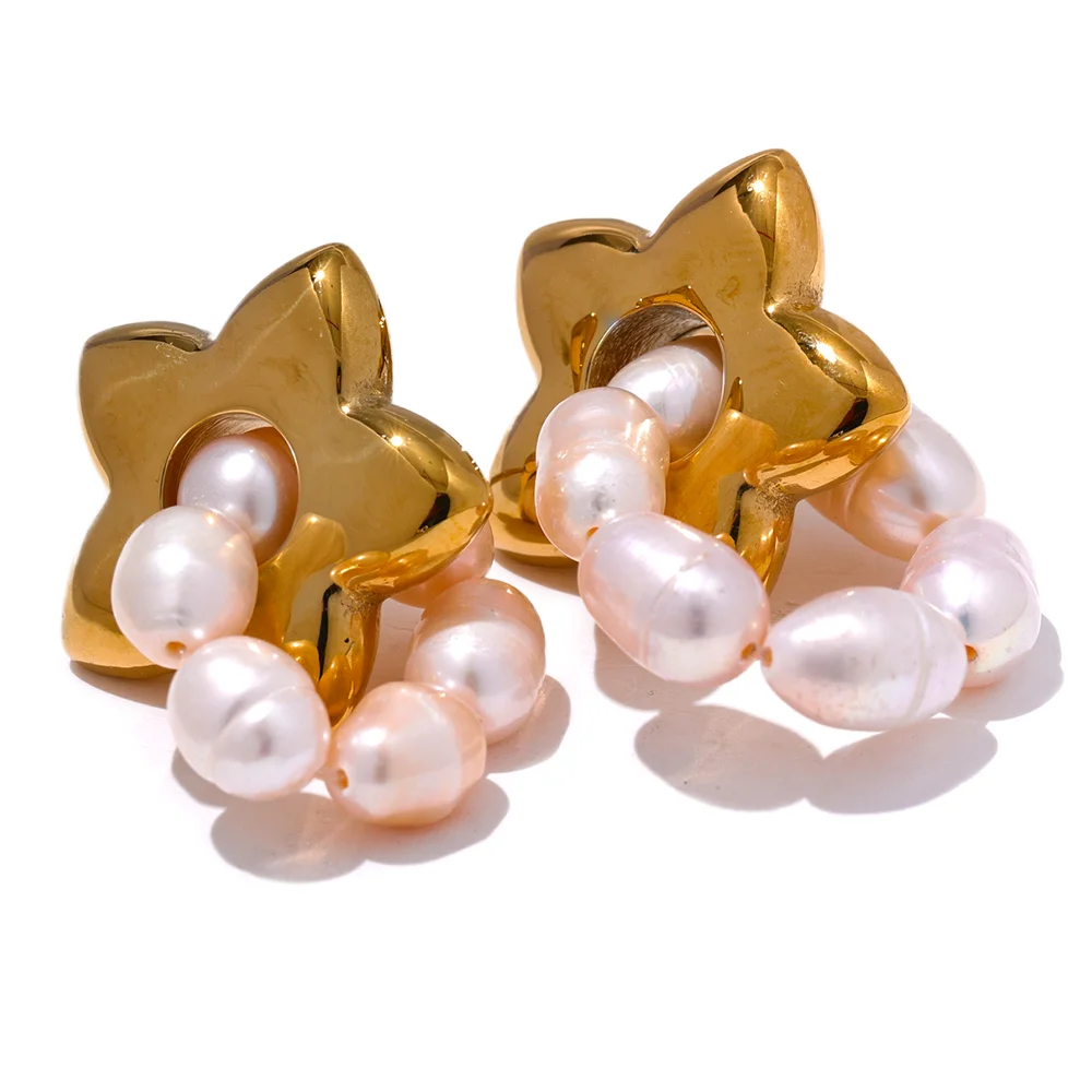 18K Gold-Plated Stainless Steel Earrings with Natural Pearls