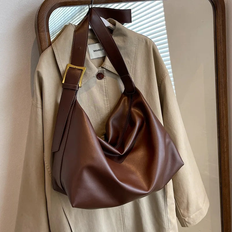 Leather Hobo Bag with Zipper and Gold Accents