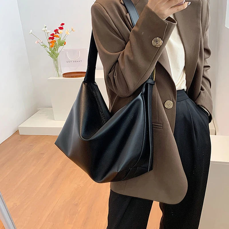 Leather Hobo Bag with Zipper and Gold Accents