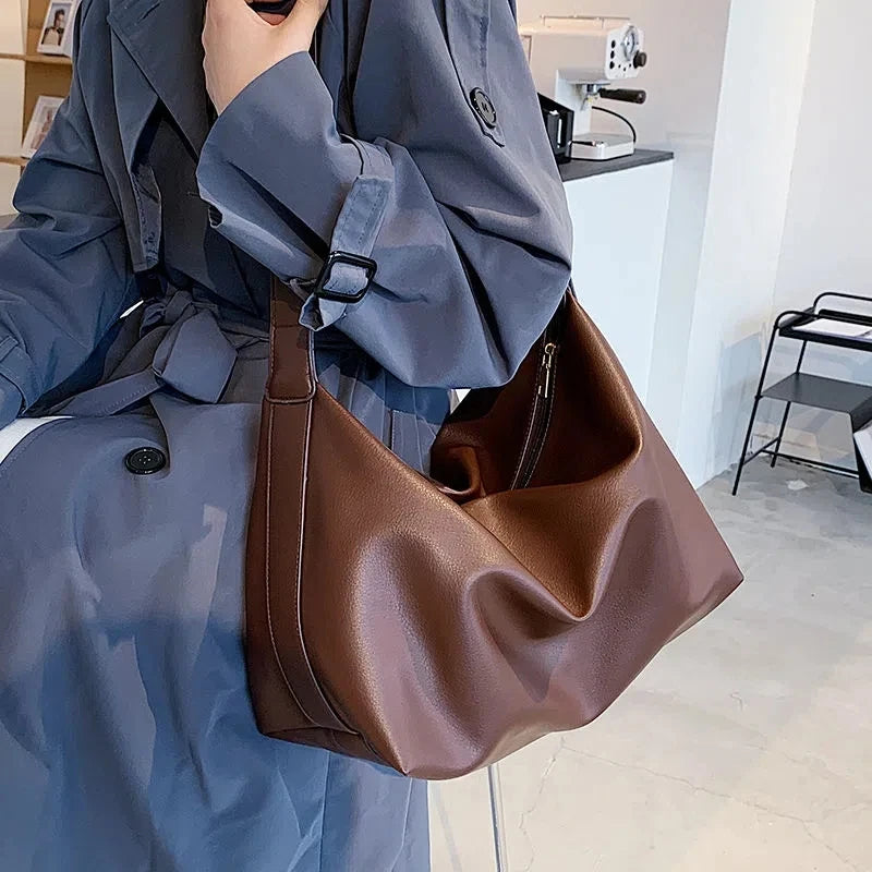 Leather Hobo Bag with Zipper and Gold Accents