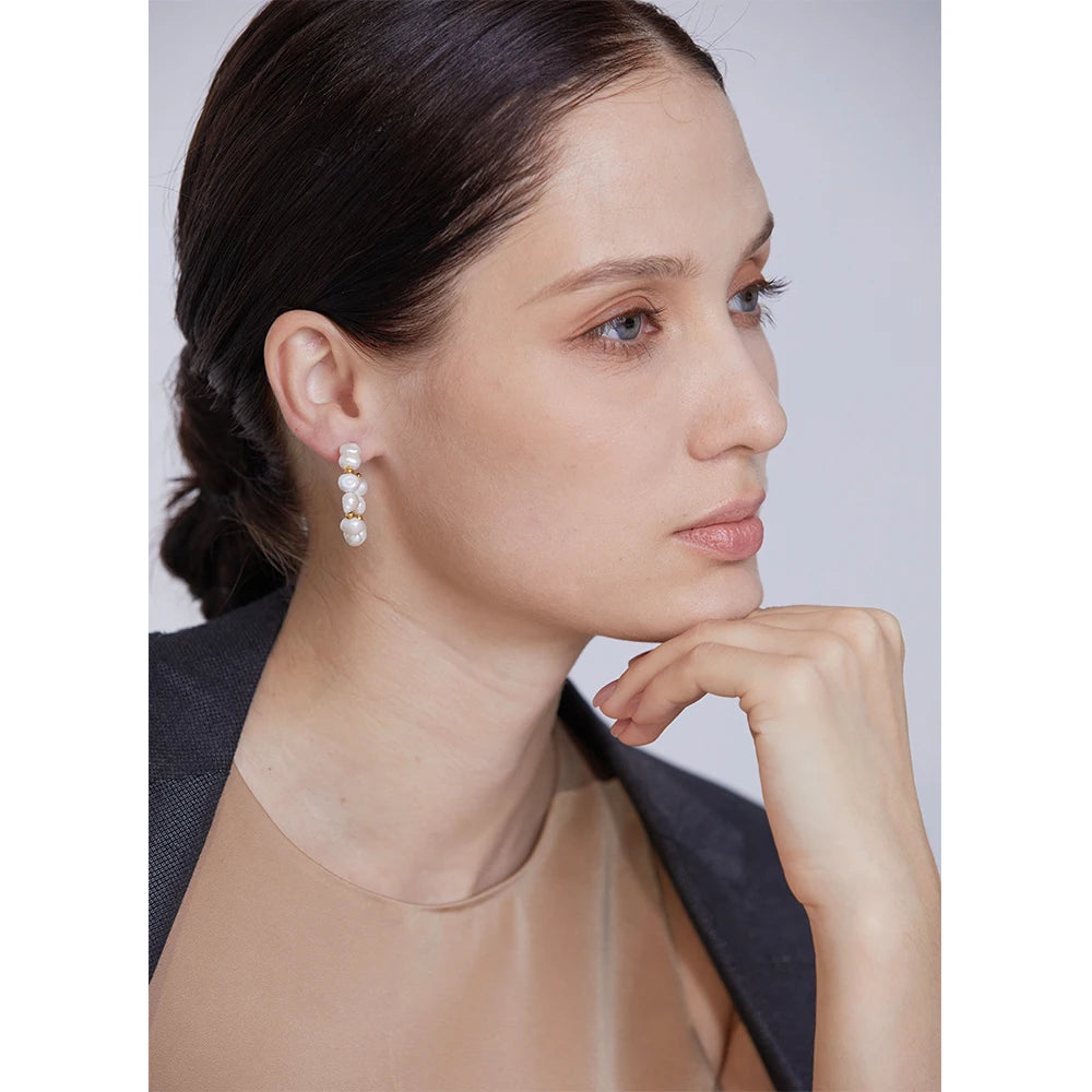 18K Gold-Plated Stainless Steel Hoop Earrings with Natural Pearls