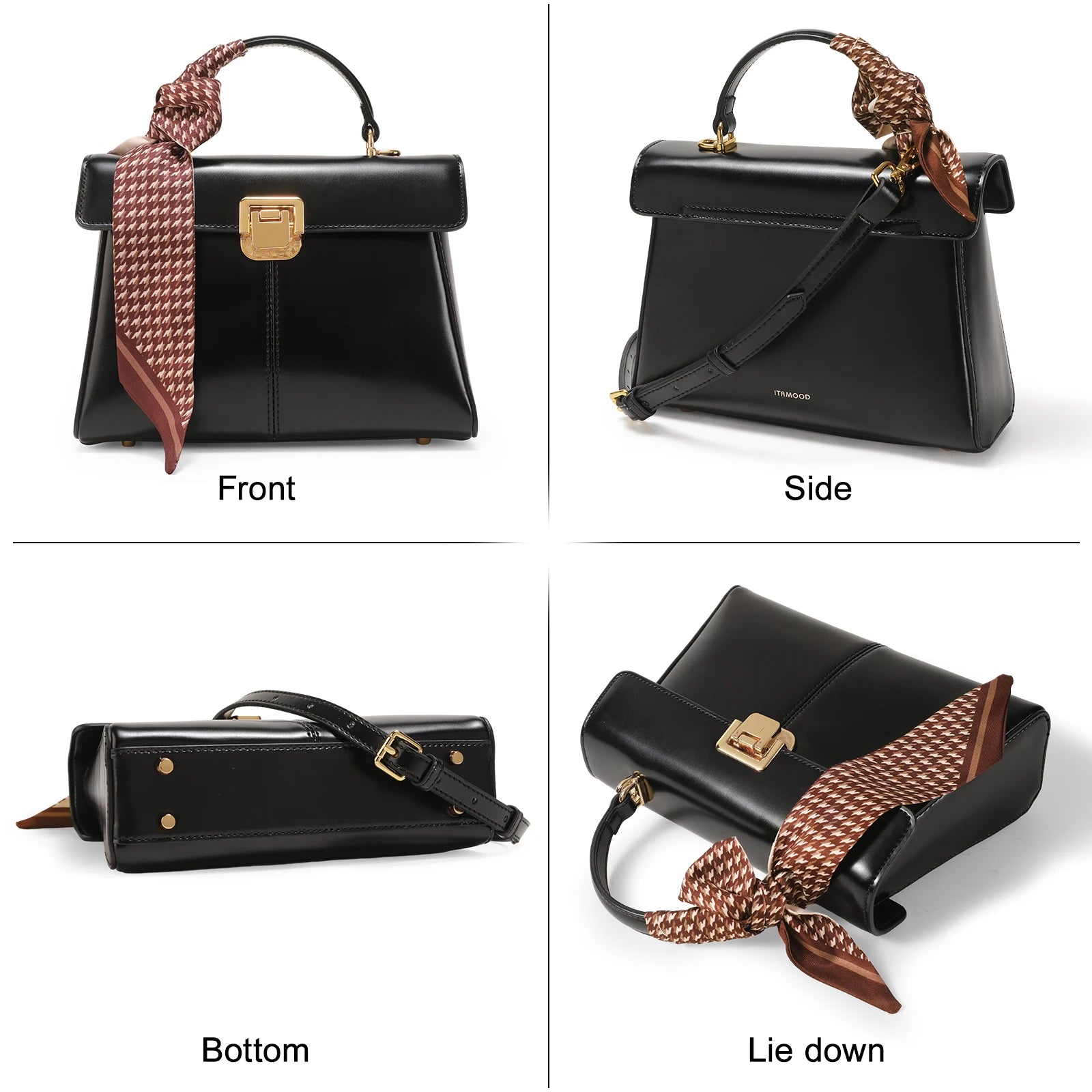 Genuine Leather Handbag with Gold Lock and Adjustable Strap
