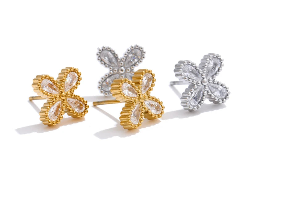 Gold  Flower Earrings with Cubic Zirconia, Stainless Steel