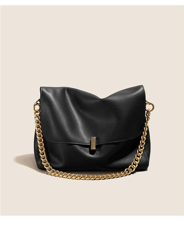 Brown Genuine Leather Shoulder Bag with Gold Chain Strap and Magnetic Closure