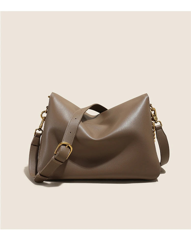 Brown Genuine Leather Shoulder Bag with Gold Chain Strap and Magnetic Closure