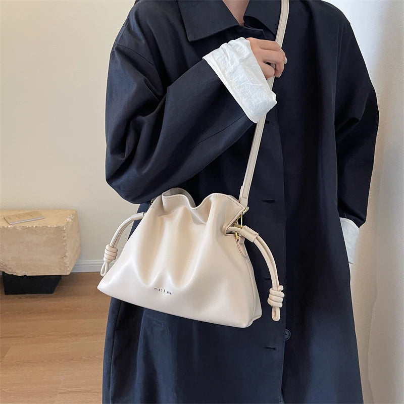 Leather Drawstring Shoulder Bag with Gold Hardware