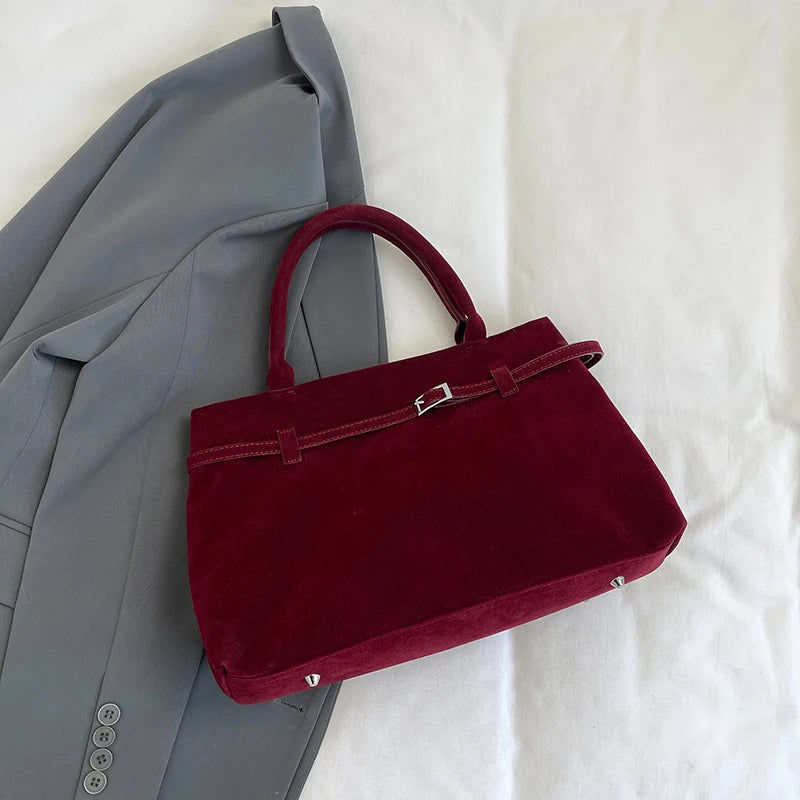 Suede Tote Bag with Leather Strap and Belt Detail with Silver-tone Hardware