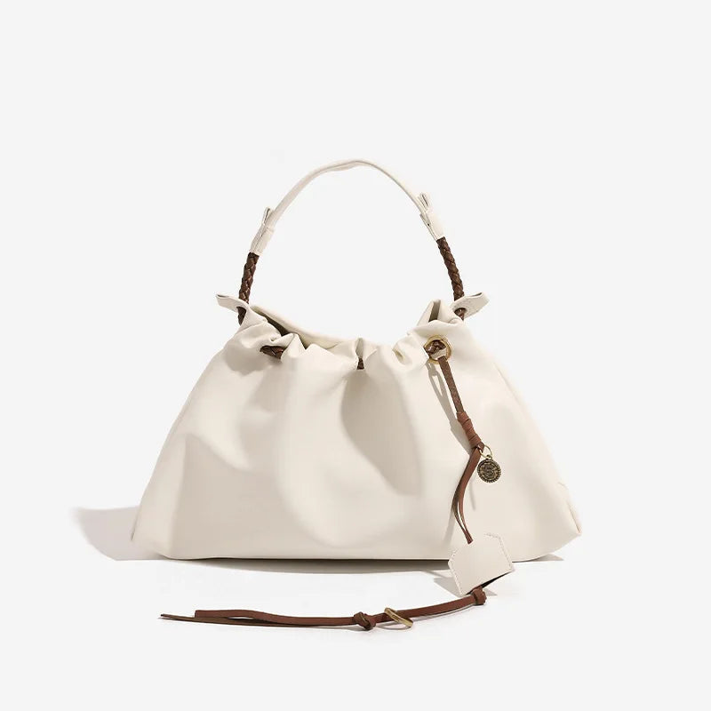 White Leather Bucket Bag with Braided Handle and Adjustable Strap