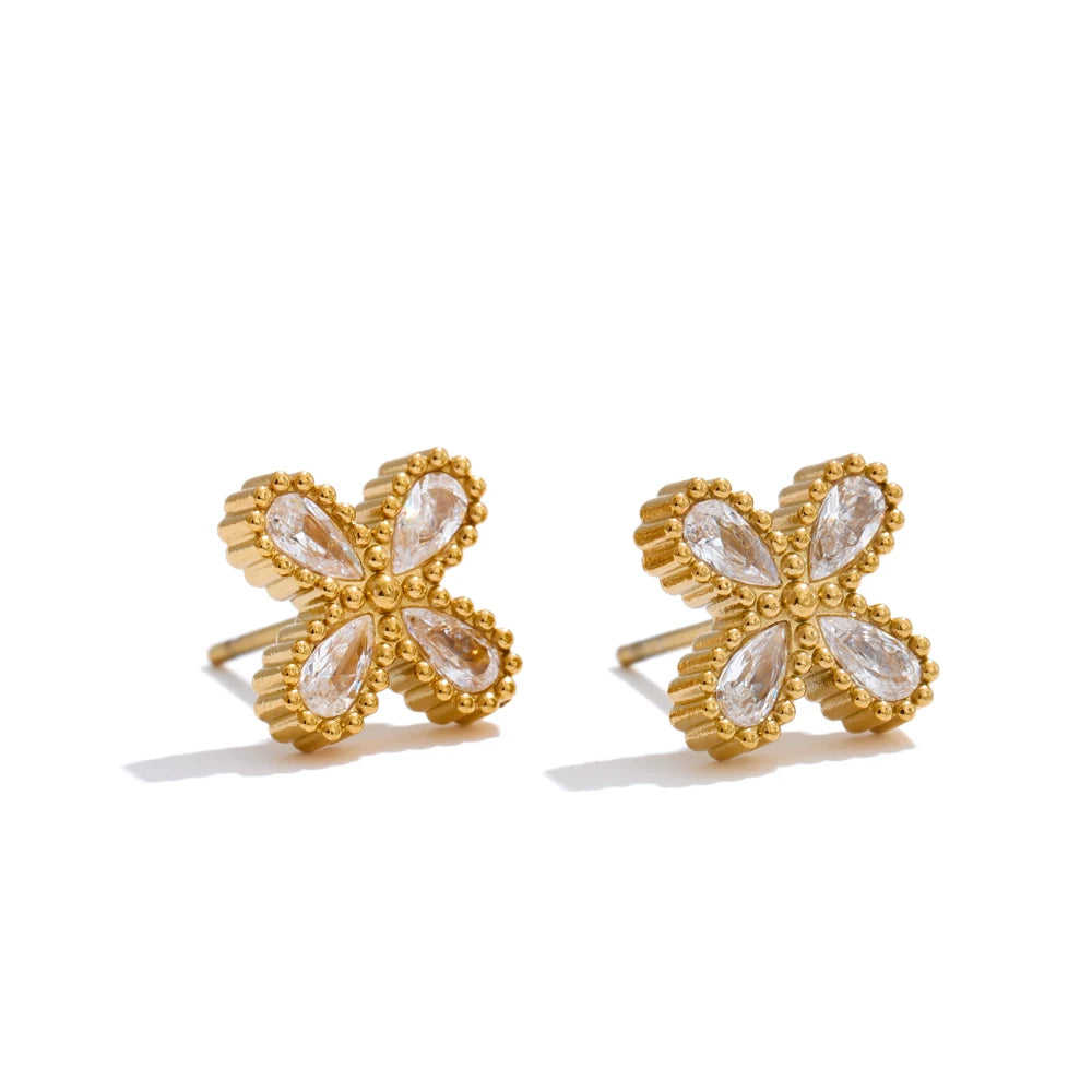 Gold  Flower Earrings with Cubic Zirconia, Stainless Steel