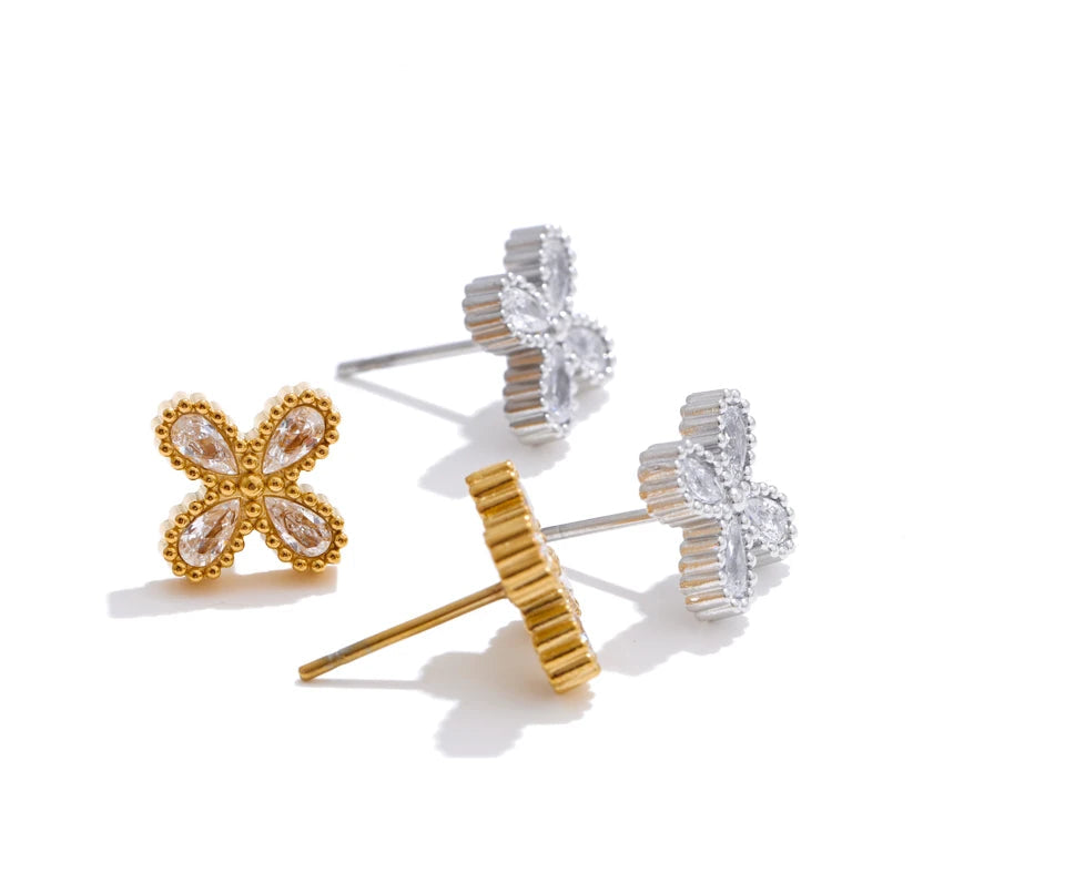 Gold  Flower Earrings with Cubic Zirconia, Stainless Steel