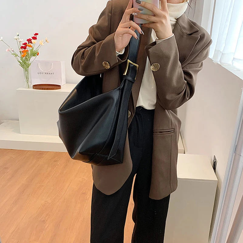 Leather Hobo Bag with Zipper and Gold Accents