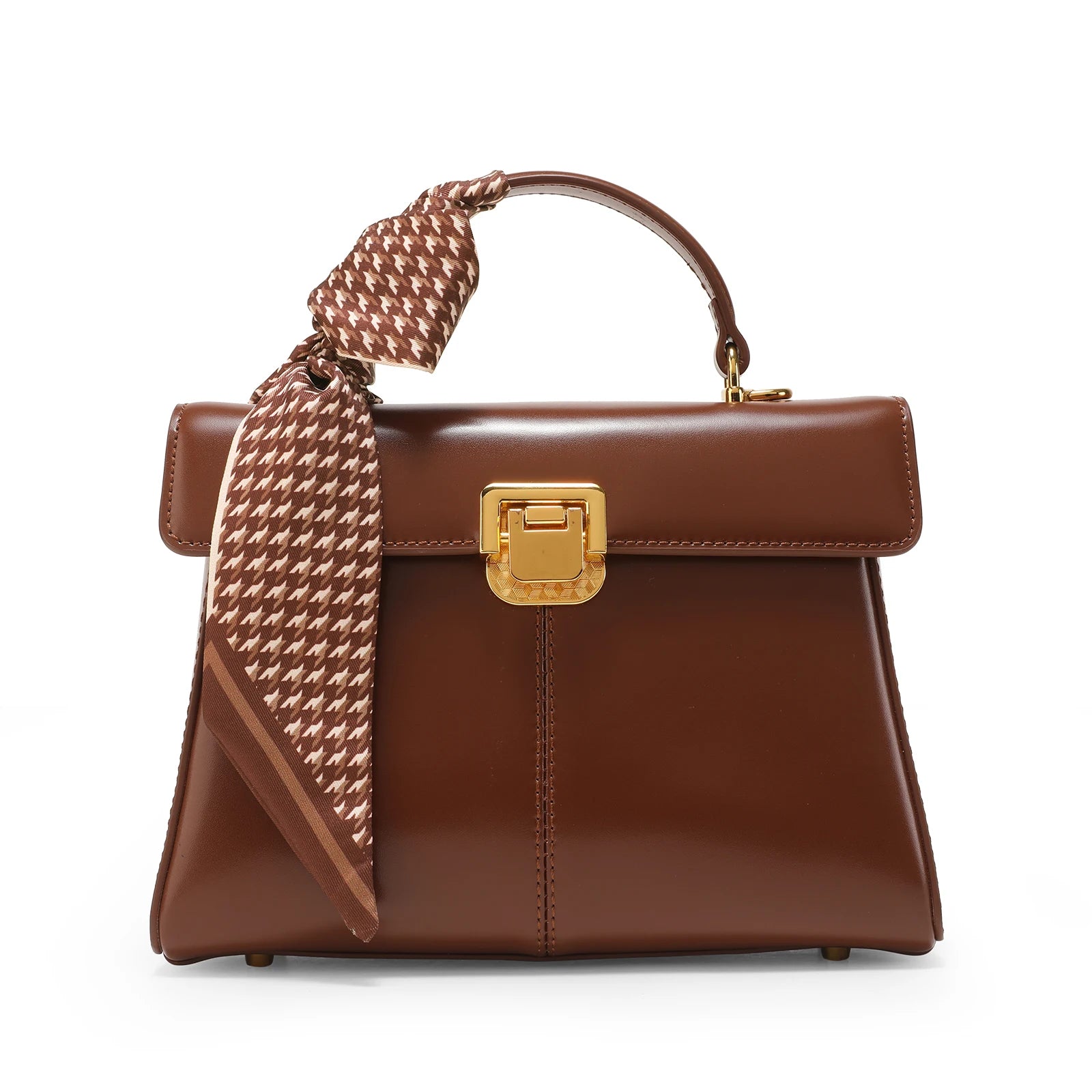 Genuine Leather Handbag with Gold Lock and Adjustable Strap