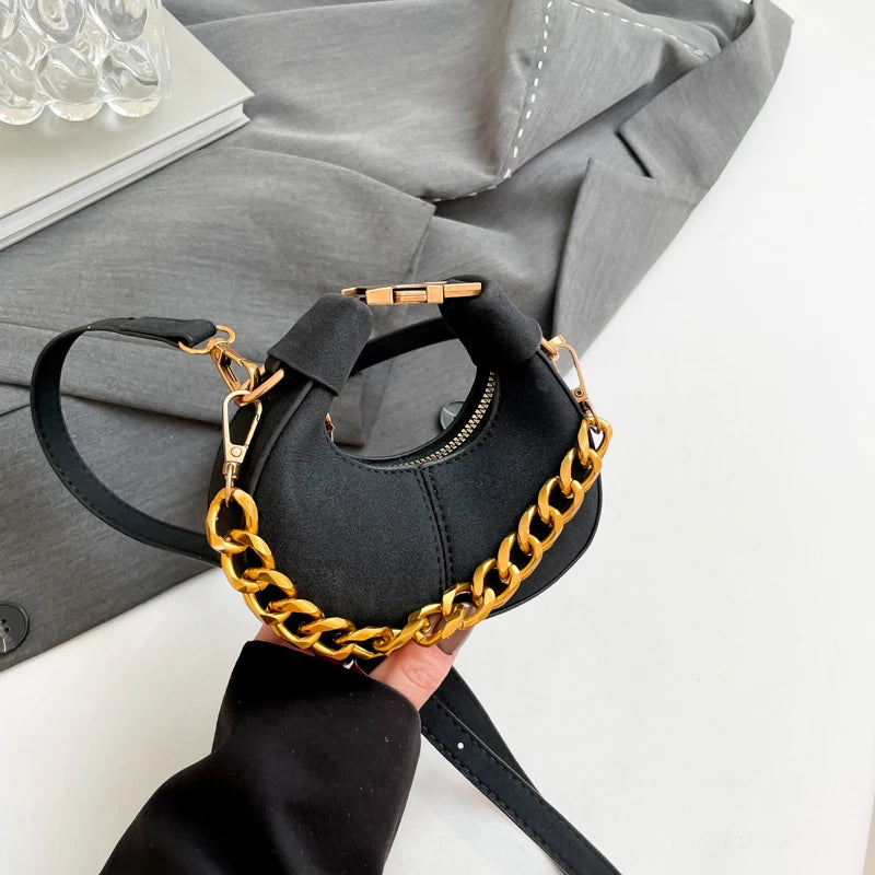 Leather Shoulder Bag with Gold Chain Strap and Adjustable Shoulder Strap
