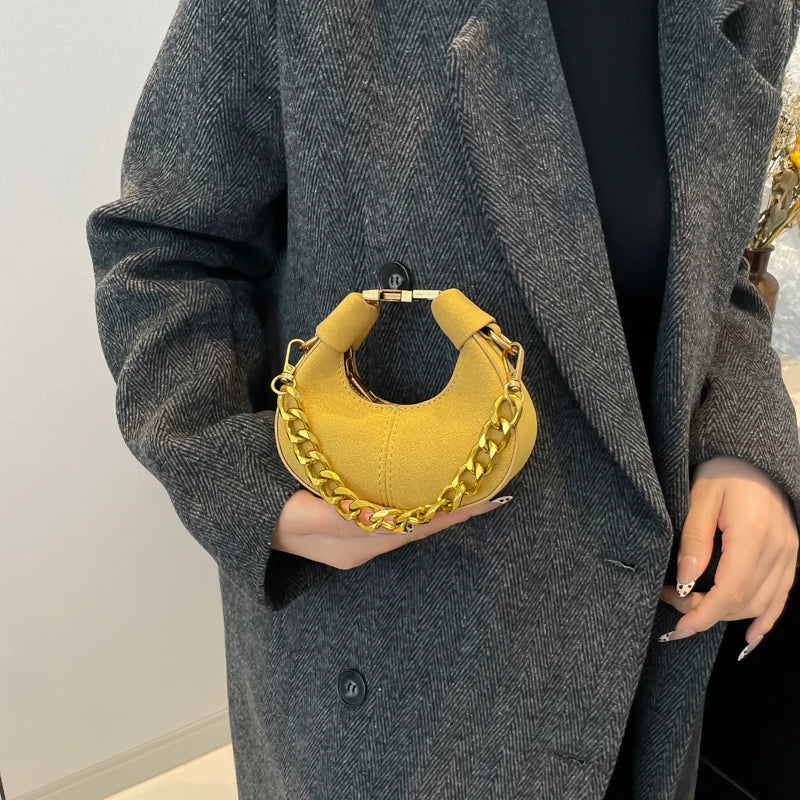 Leather Shoulder Bag with Gold Chain Strap and Adjustable Shoulder Strap