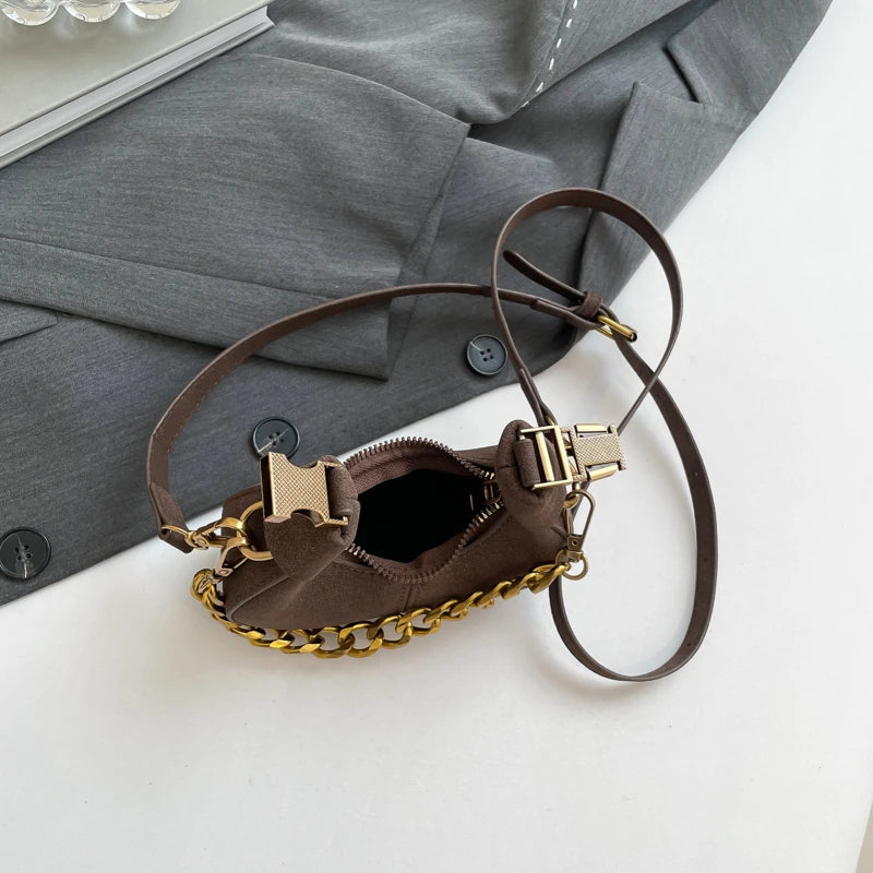 Leather Shoulder Bag with Gold Chain Strap and Adjustable Shoulder Strap