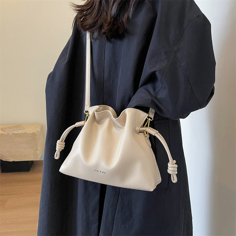 Leather Drawstring Shoulder Bag with Gold Hardware