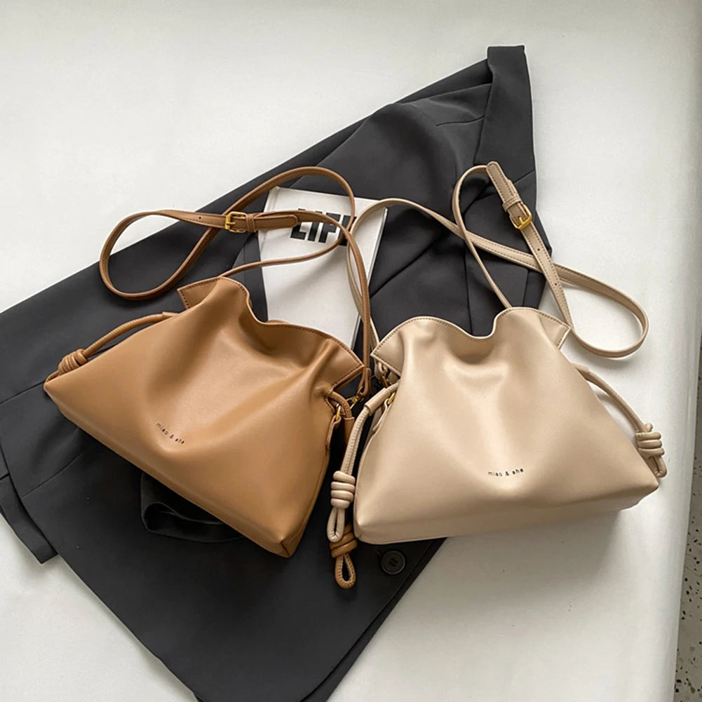 Leather Drawstring Shoulder Bag with Gold Hardware