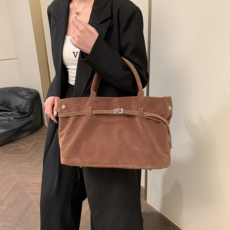 Suede Tote Bag with Leather Strap and Belt Detail with Silver-tone Hardware