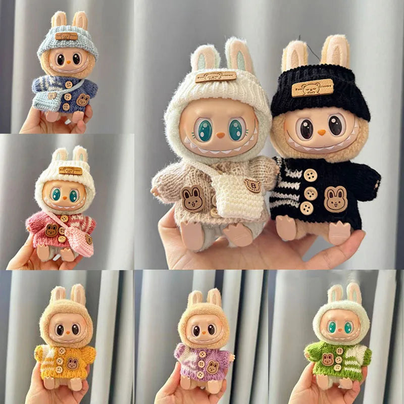Collage of labubu plush toys resembling bunnies in various outfits held against a neutral background.
