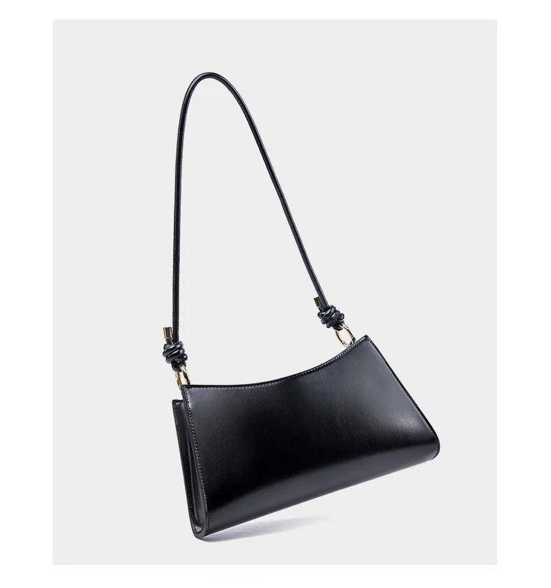 Genuine Leather Handbag with Knotted Strap and Gold Hardware