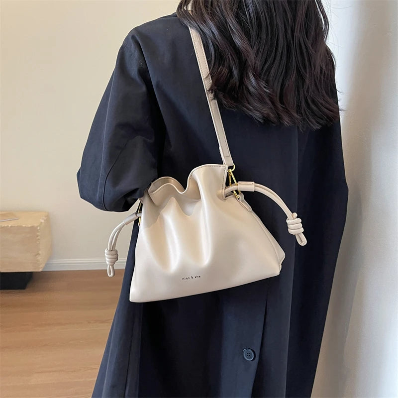 Leather Drawstring Shoulder Bag with Gold Hardware