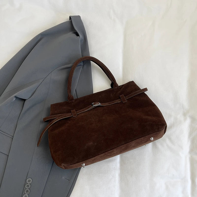 Suede Tote Bag with Leather Strap and Belt Detail with Silver-tone Hardware