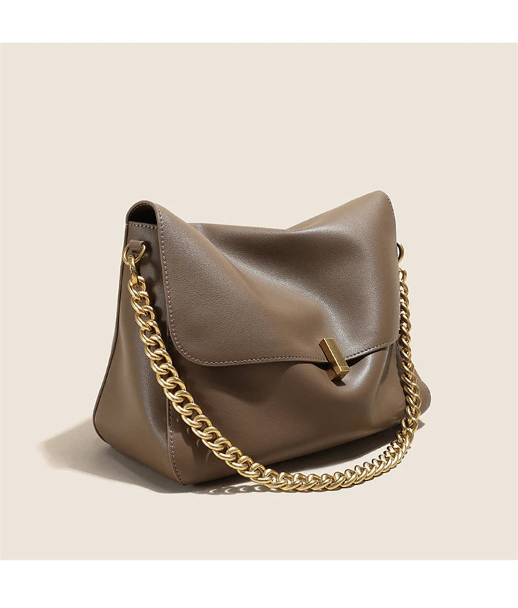 Brown Genuine Leather Shoulder Bag with Gold Chain Strap and Magnetic Closure