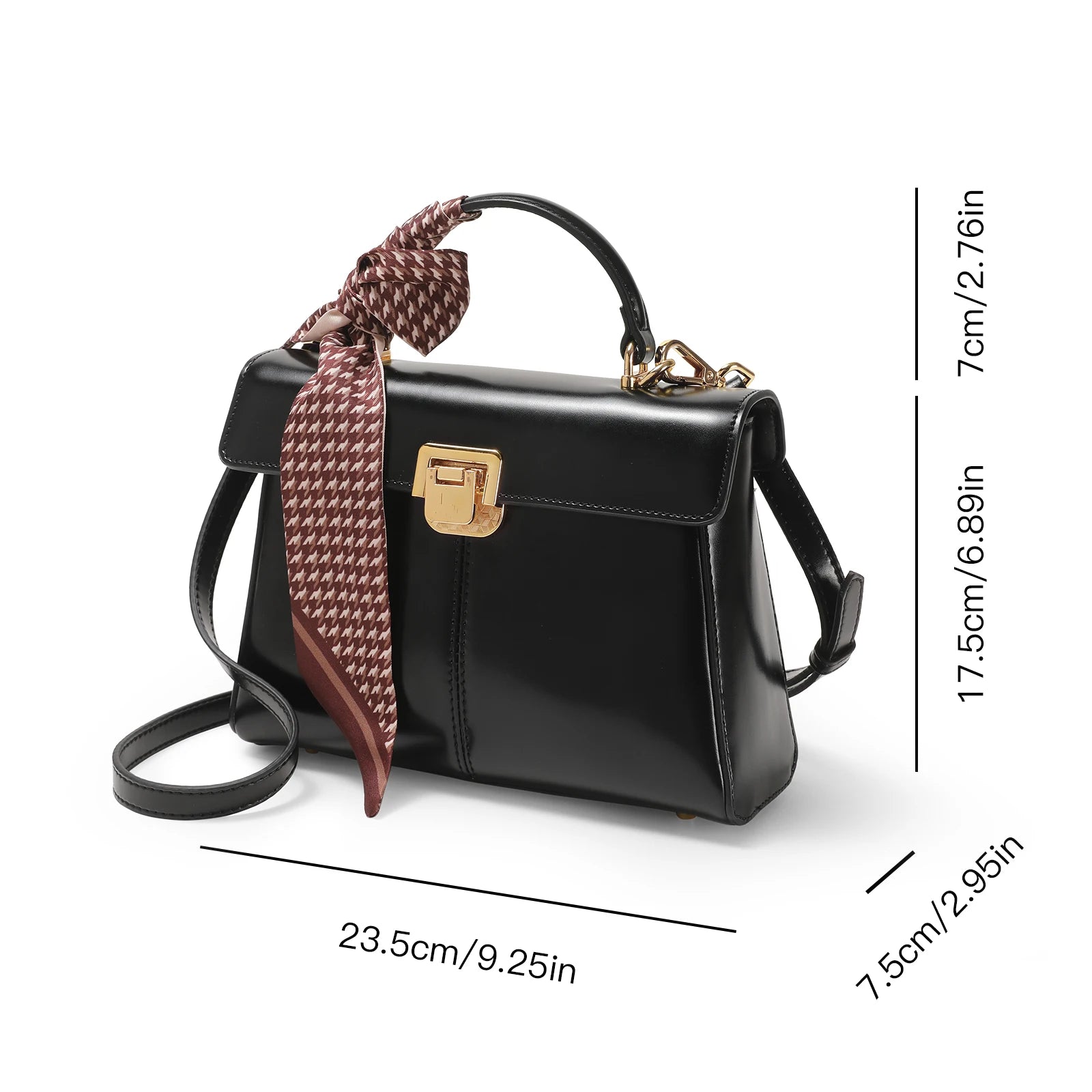 Genuine Leather Handbag with Gold Lock and Adjustable Strap