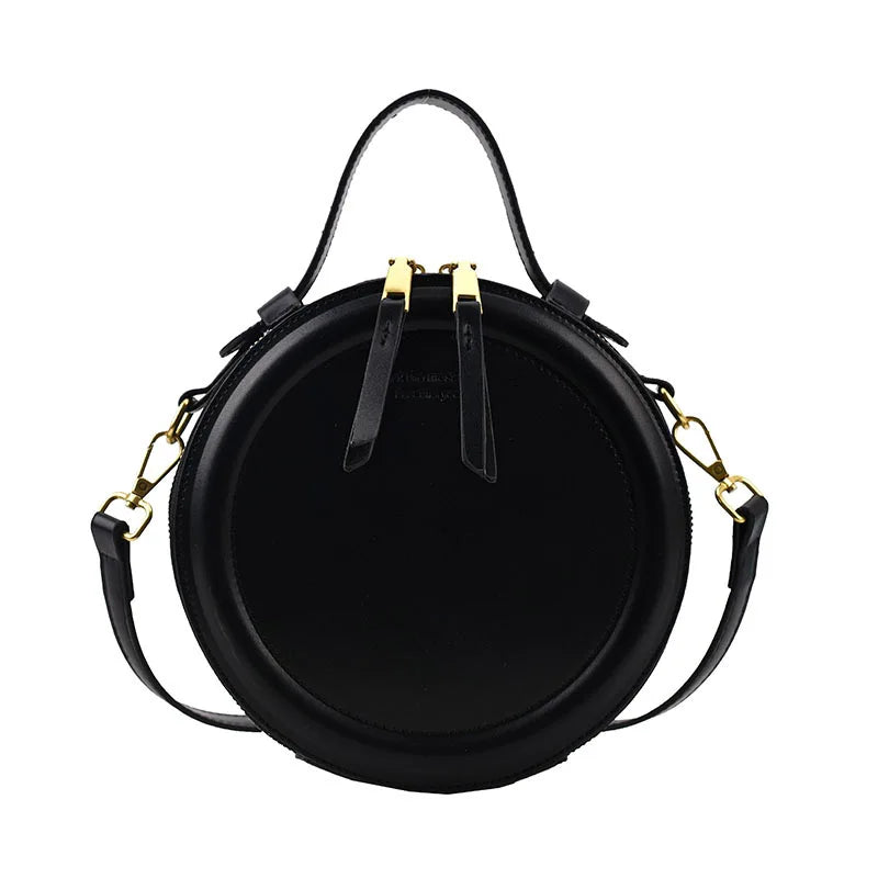 Leather Round Crossbody Bag with Gold Zipper and Adjustable Strap